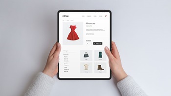 Mani che tengono un tablet moderno che mostra una pagina web di e-commerce. Concetto di shopping online con un'esperienza di navigazione fluida e comoda per acquisti alla moda e alla moda.